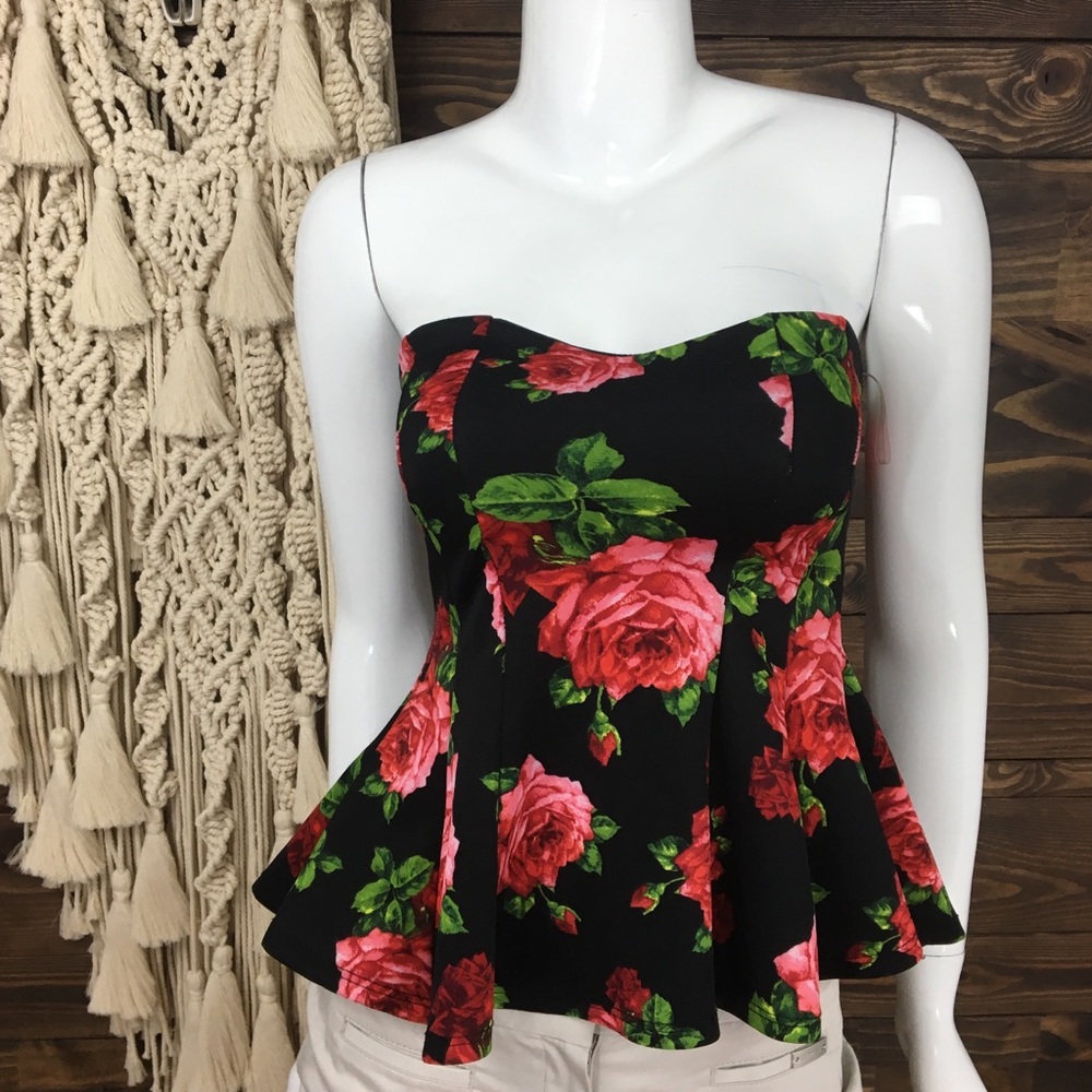Love J | Floral Peplum Top Sleeveless‎ Blouse Sweetheart Neckline Roses